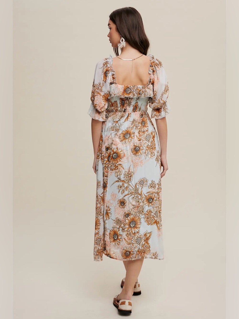 Floral Smocked Midi Dress in Light Blue and Brown - Picture 4 of 5